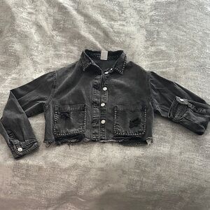 Zara Black Cropped Distressed Jean Jacket with Stud Details
